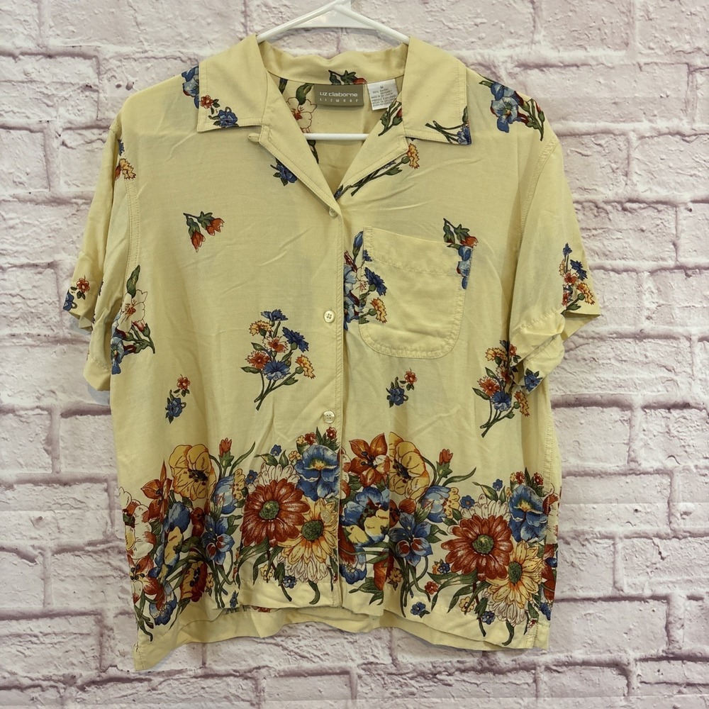 Liz Claiborne Y2K Floral Rayon Top Womens M Cream Button Up Blue Yellow Orange